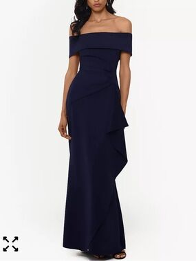 Xscape Ruffled Off The Shoulder Scuba Gown Dress Navy Size 14 NWT